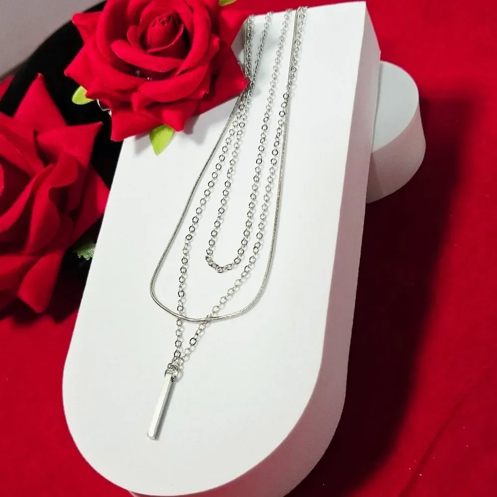 Sleek Silver Bar Pendant Multi-Layer Necklace Snake & Cable Chains Stacked NWT